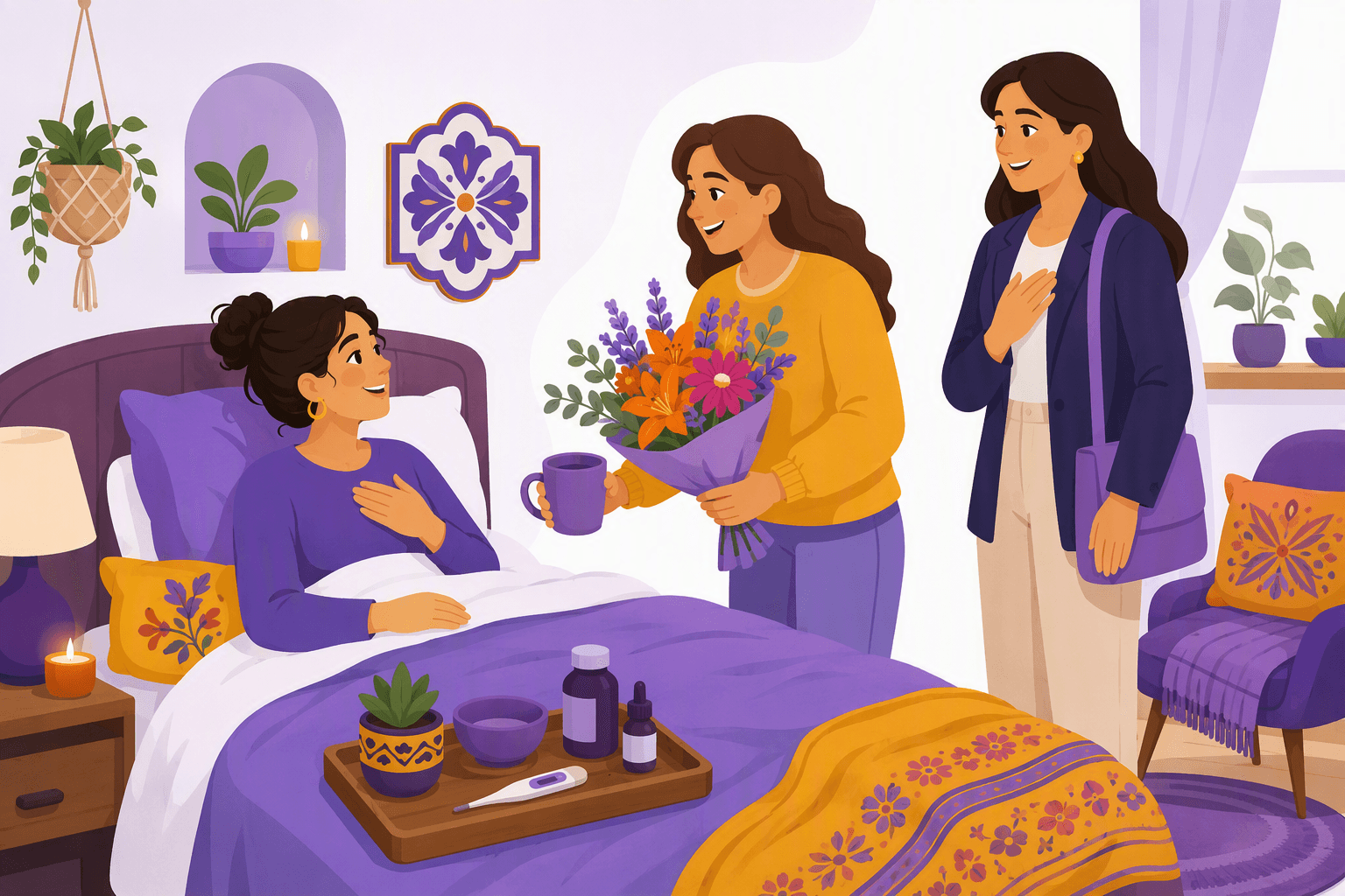 Flat-vector illustration of a person recovering in bed while a friend offers flowers and a warm drink and a formally dressed visitor shows concern in a cozy bedroom.