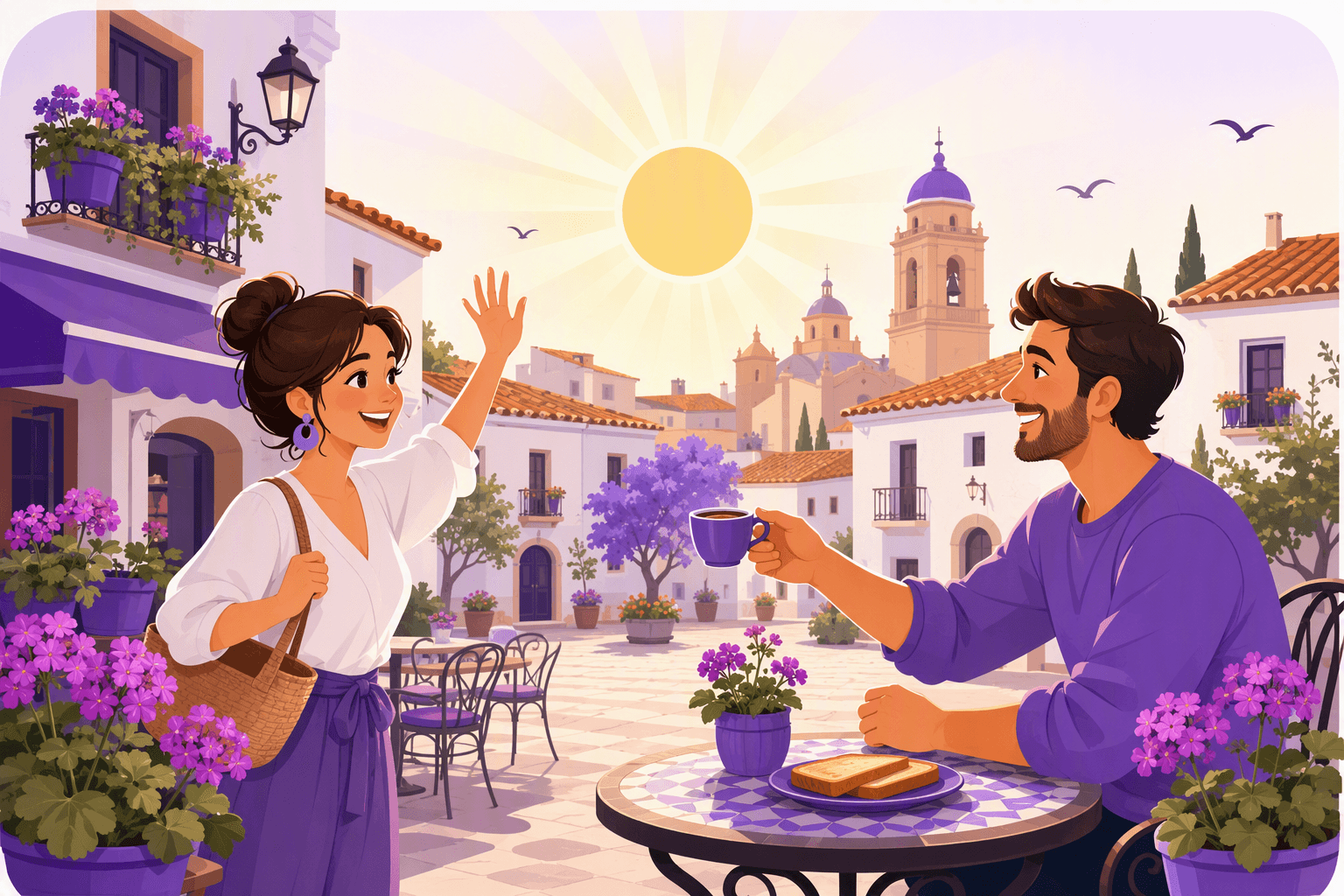 Two neighbours greeting each other at sunrise on a Spanish plaza, one waving and one offering a cup of coffee with toast on a cafe terrace table