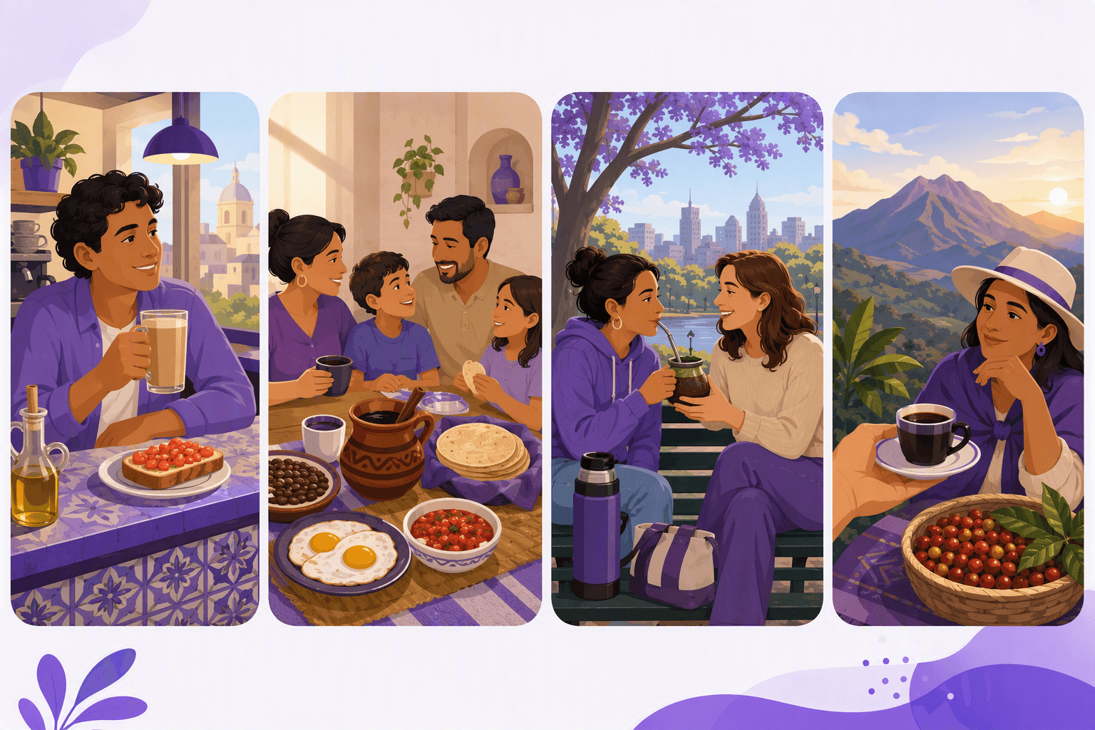Four morning rituals side by side: coffee with milk and toast at a Spanish bar, a Mexican breakfast of eggs, beans and tortillas, friends sharing mate on a Buenos Aires park bench, and a small black coffee served in the Colombian highlands