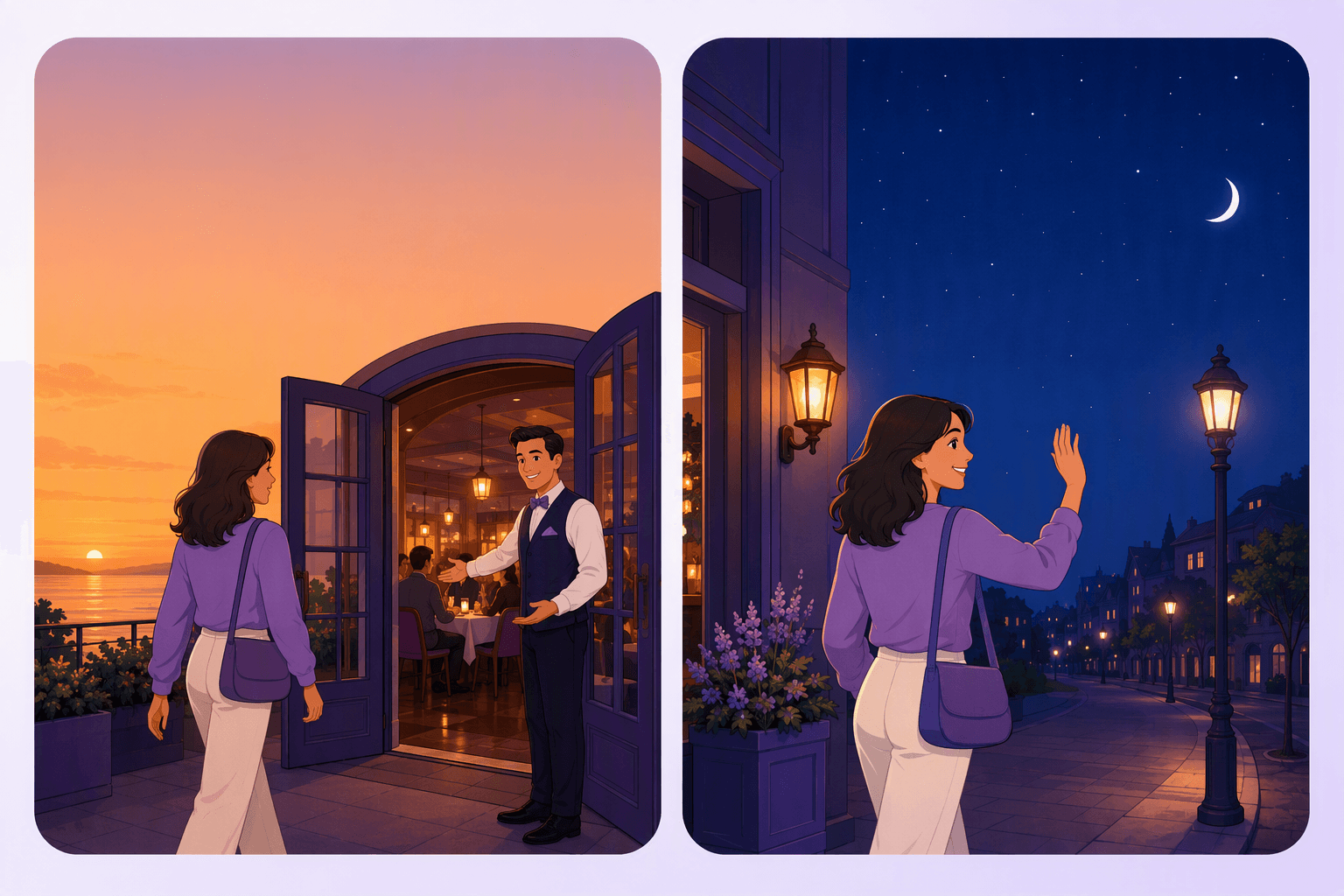Two panels side by side: a guest being welcomed into a restaurant by a waiter at sunset, and the same guest waving goodbye on a lamp-lit street late at night under a crescent moon