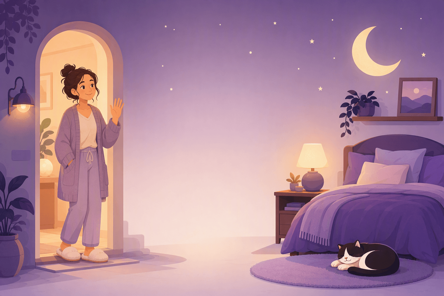 Someone in pyjamas waving goodnight from a warmly lit doorway on one side and a cosy bed with a sleeping cat under a crescent moon and stars on the other