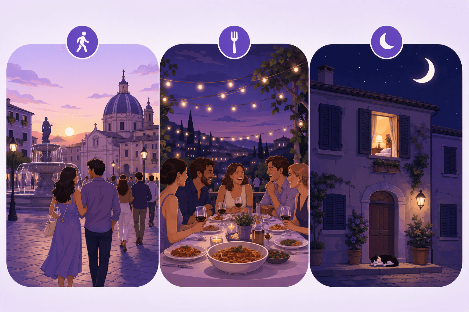 De tre stadierna i en italiensk kväll sida vid sida: passeggiatan på en piazza i skymningen, en sen utomhusmiddag med vänner, och ett tyst hus på natten med ett upplyst sovrumsfönster