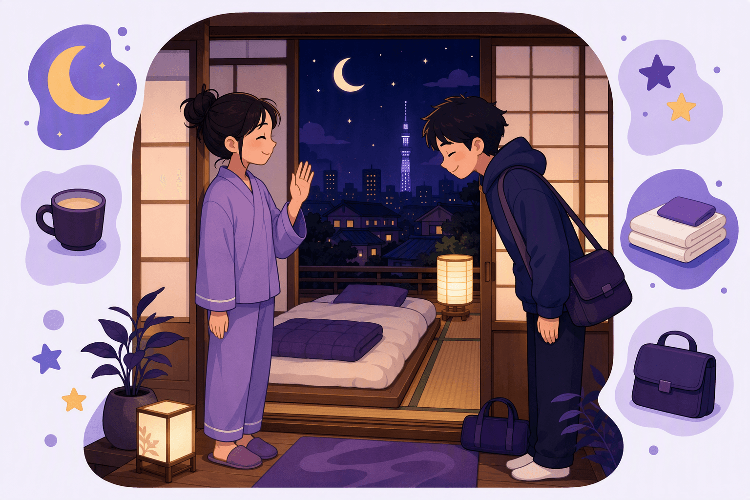 Two people saying good night in a traditional Japanese room with a futon, paper lantern and a crescent moon over the city