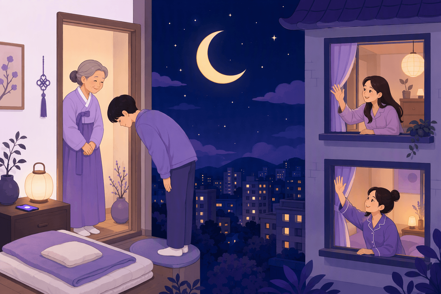 Một người trẻ cúi chào chúc ngủ ngon một người bà tại cửa phòng ngủ trong khi hai người bạn vẫy tay chào nhau từ những ô cửa sổ chung cư sáng đèn dưới ánh trăng lưỡi liềm