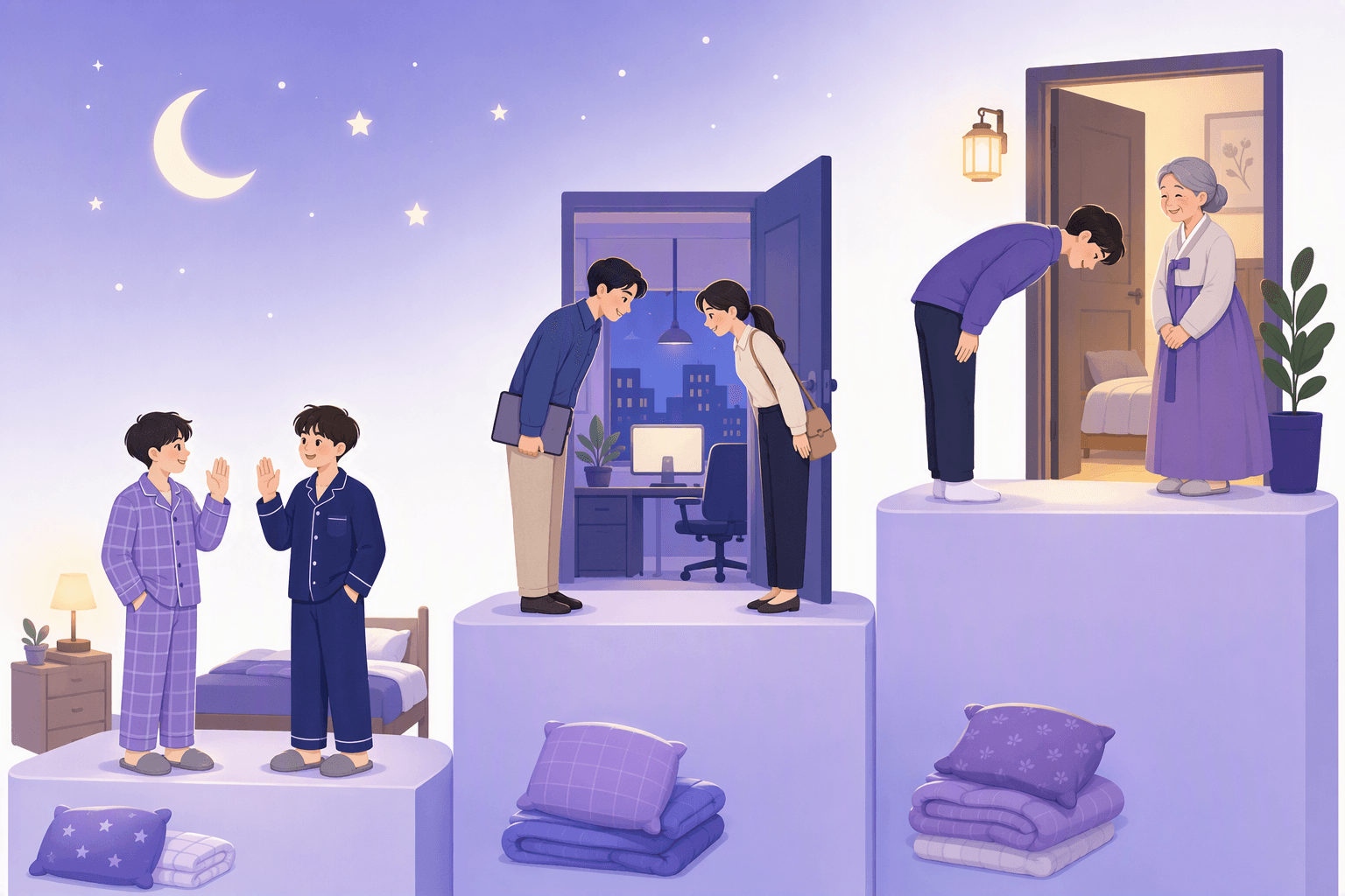 Ba bậc thang nâng cao dần thể hiện các mức độ lời nói chúc ngủ ngon trong tiếng Hàn: bạn bè mặc đồ ngủ vẫy tay thân mật, đồng nghiệp cúi chào nhẹ tại cửa văn phòng, và một người trẻ cúi chào sâu trước một người bà mặc hanbok