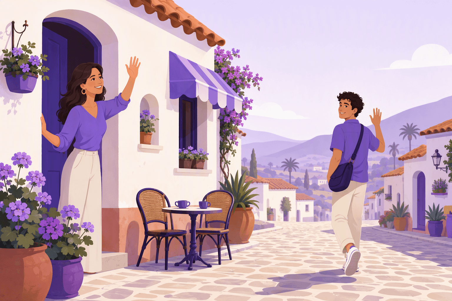 A woman waving goodbye from a doorway while a friend walks away down a sunlit cobbled street in a Spanish-speaking town