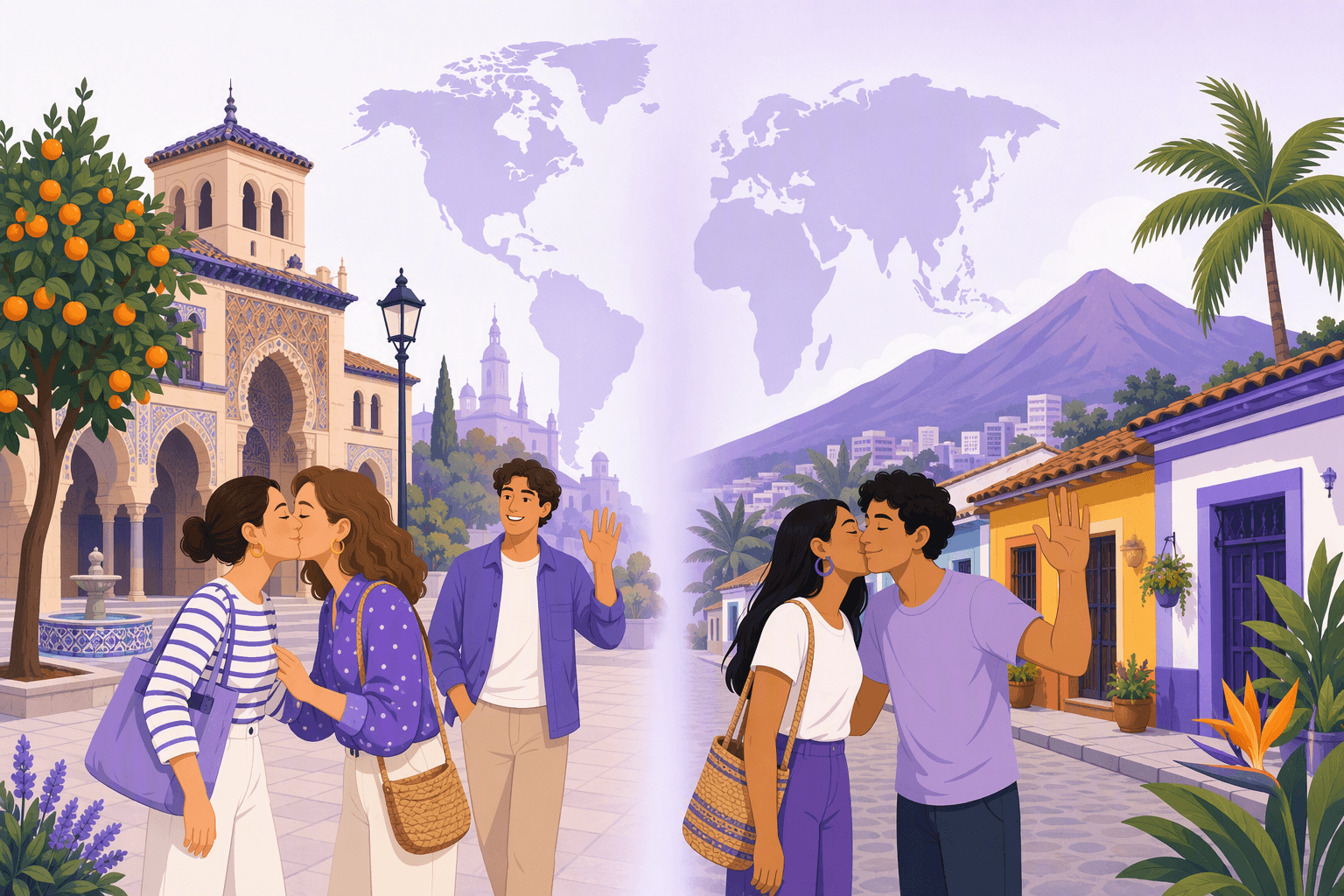 Split illustration contrasting farewell customs in a Spanish city square and a Latin American street