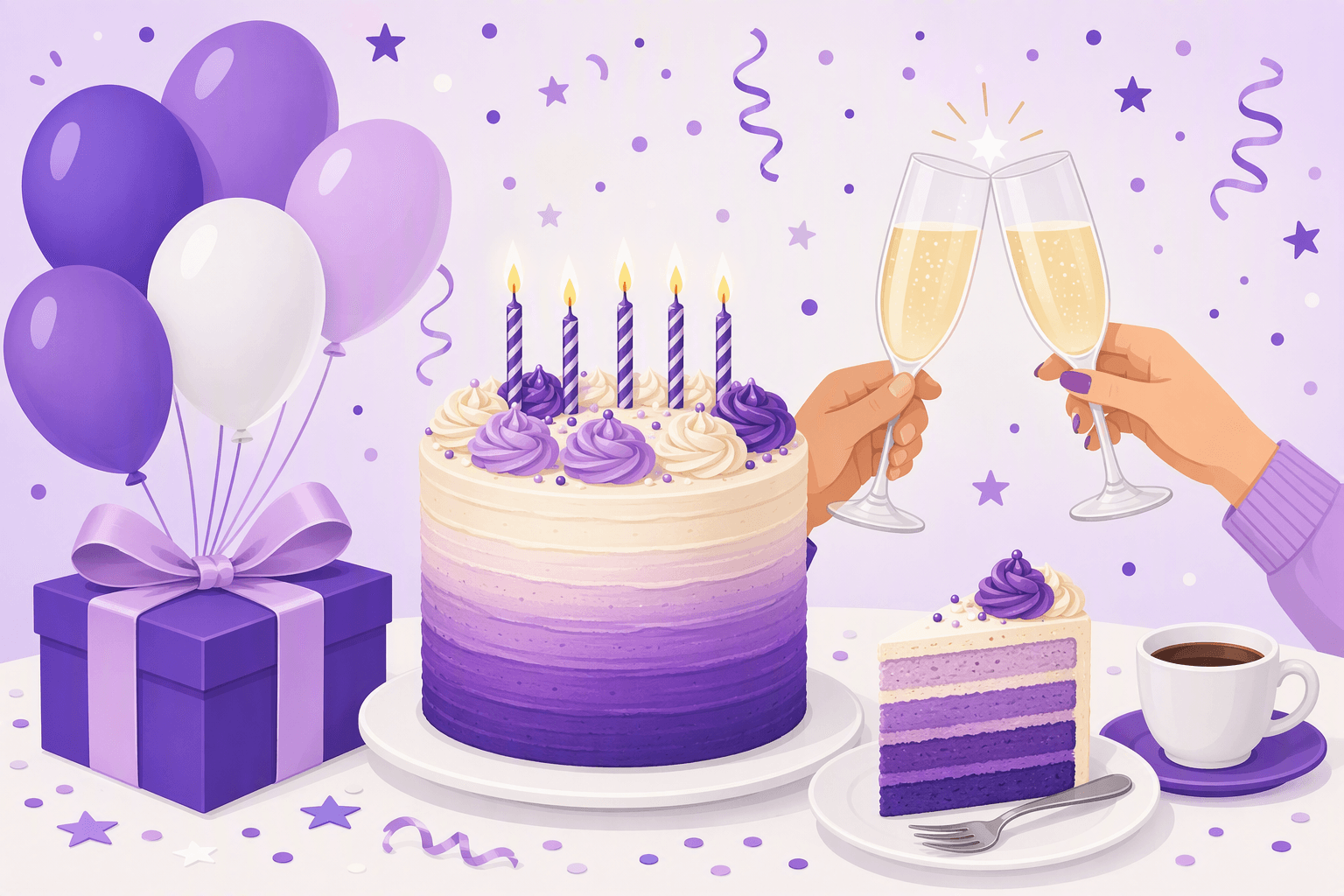 Flat illustration of a German birthday table with a candle-lit layered cake, a wrapped gift, balloons, two sparkling wine glasses clinking, and a slice of cake beside a cup of coffee amid confetti and streamers