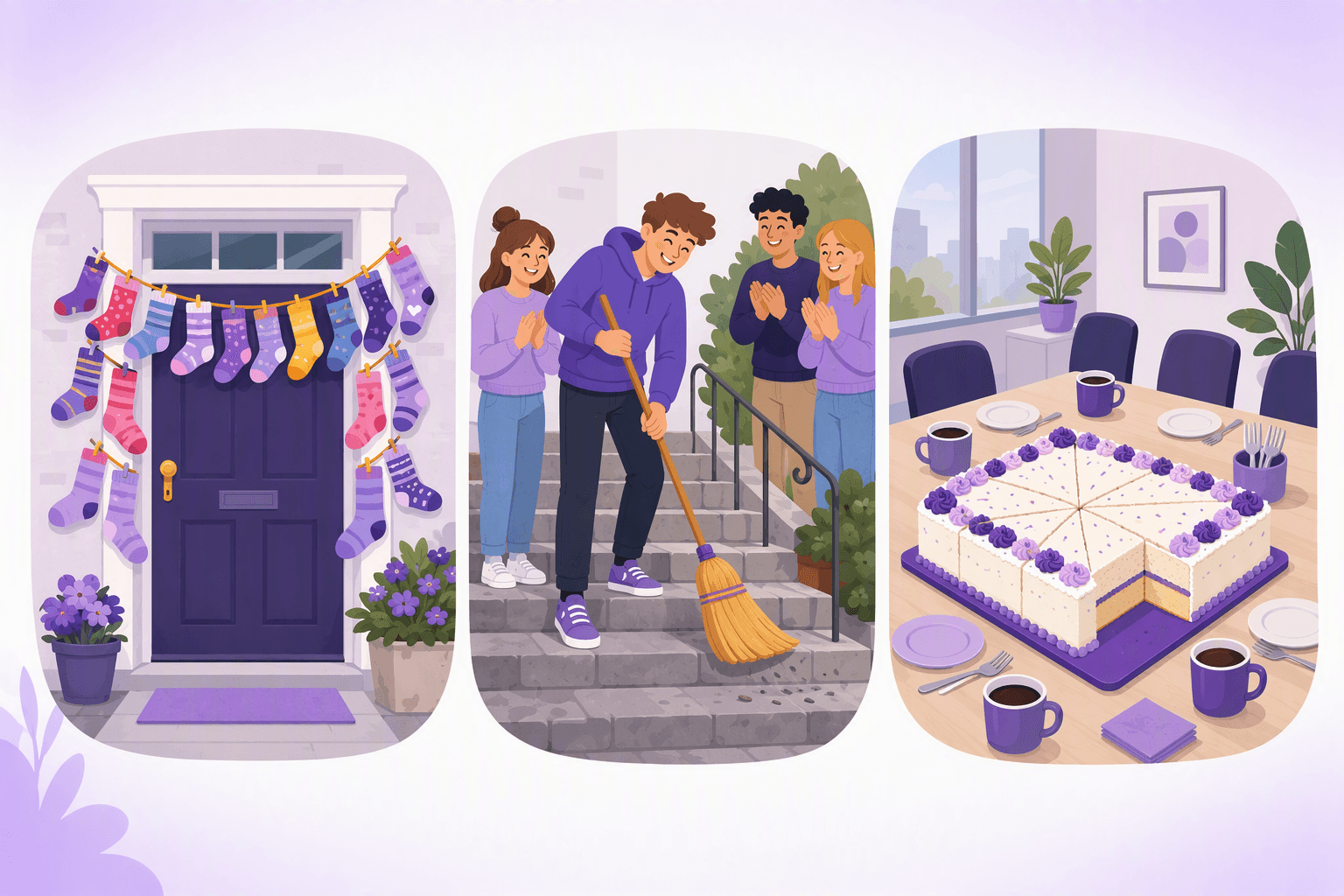 Three German birthday customs illustrated side by side: a front door hung with a garland of socks, a young man sweeping stone steps while friends cheer, and an office table with a shared sheet cake, plates and coffee cups