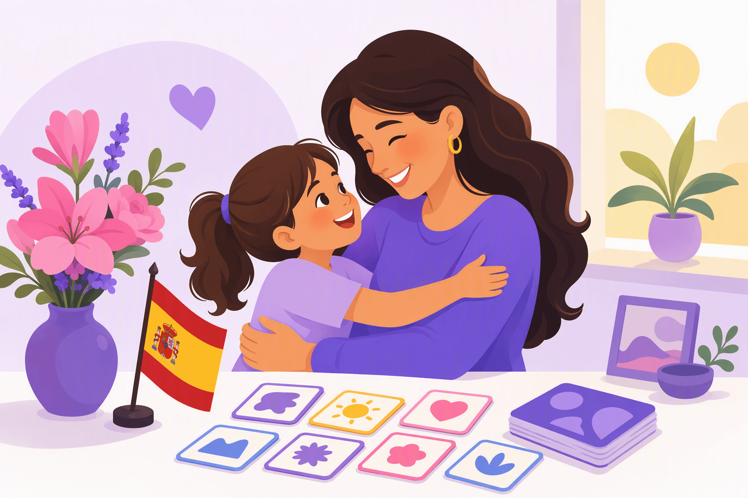 A smiling mother and child embrace beside pink flowers, a Spanish flag, abstract language-learning cards, and a warm sunny background.