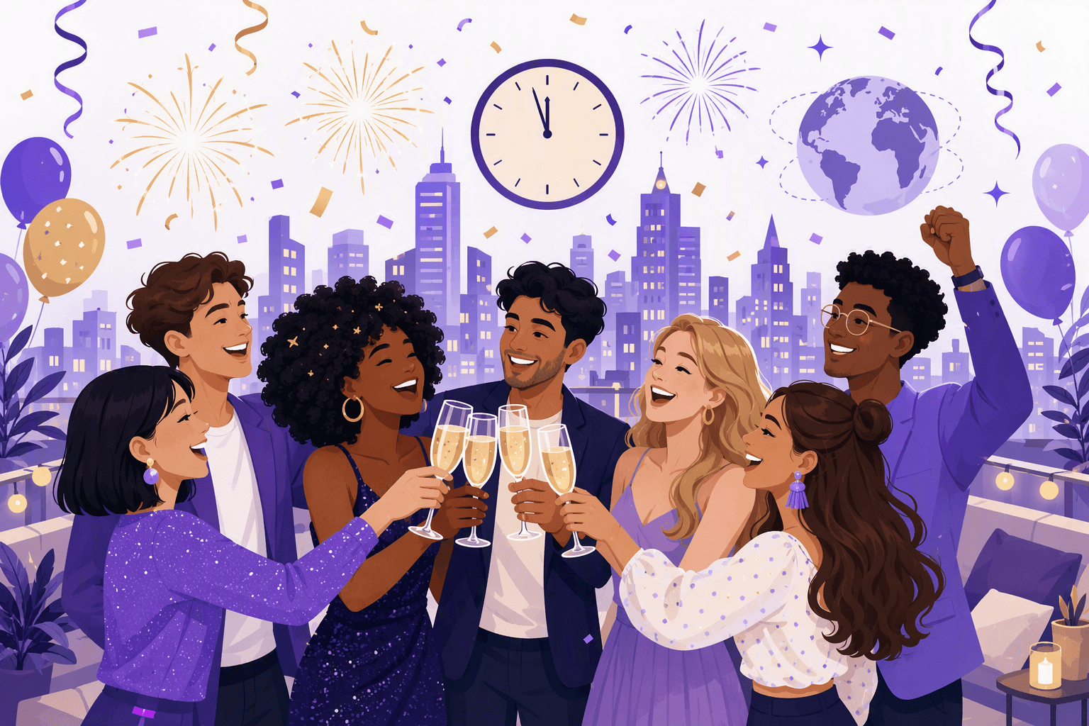 Friends raising their glasses together at a midnight New Year's Eve party, with confetti, fireworks and a city skyline in the background