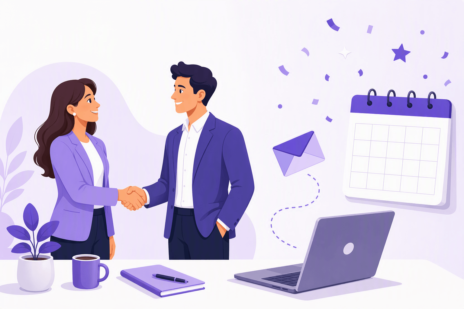 Two colleagues shaking hands and smiling in an office, next to a laptop, an email icon and a blank wall calendar with confetti