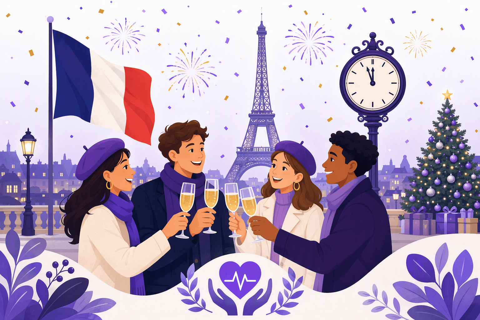 Flat-vector scene of friends celebrating New Year in Paris with raised glasses, a French tricolor, Eiffel Tower, midnight clock, confetti, a health symbol, and a separate decorated Christmas tree.