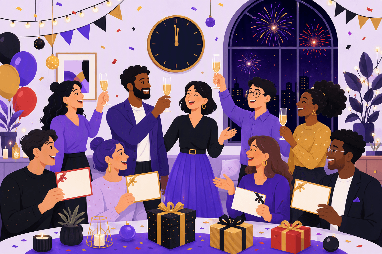 Flat-vector illustration of friends and colleagues toasting New Year beside a midnight clock, fireworks, confetti, blank greeting cards, and black-red-gold decorations.