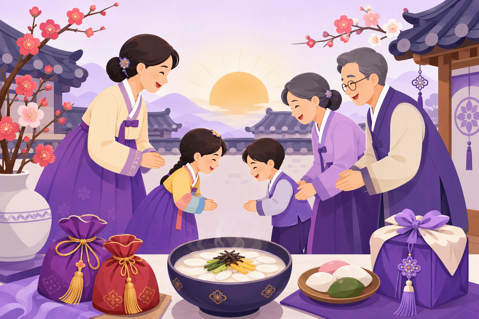 A Korean family in colorful hanbok bows beside tteokguk, lucky pouches, plum blossoms, and traditional rooftops at sunrise.