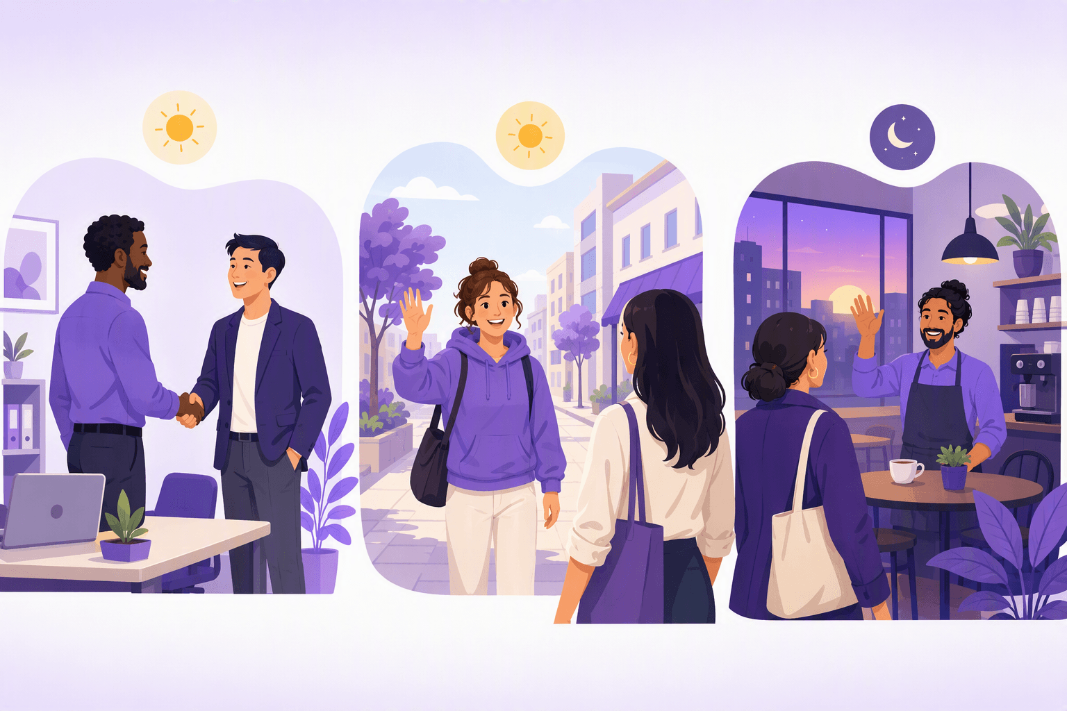 People greeting each other in English in three everyday settings: a handshake at the office, a wave on the street, and a friendly welcome in a cafe