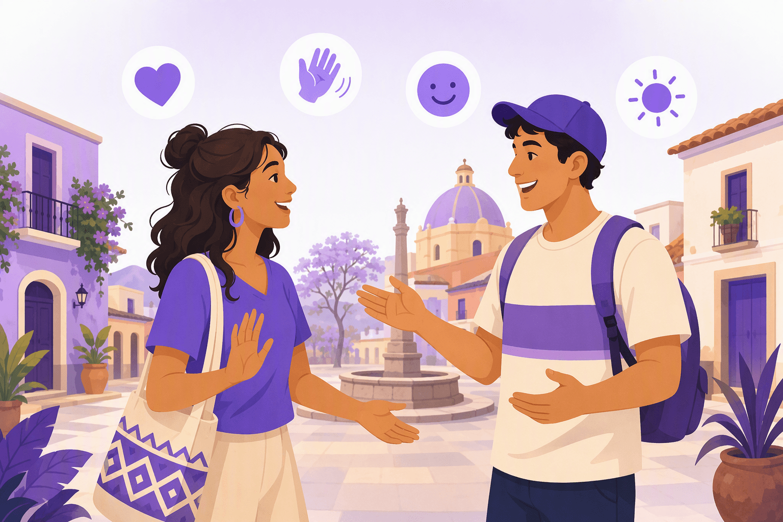 Two friends greeting each other on a Spanish-speaking town square, one asking how the other is doing