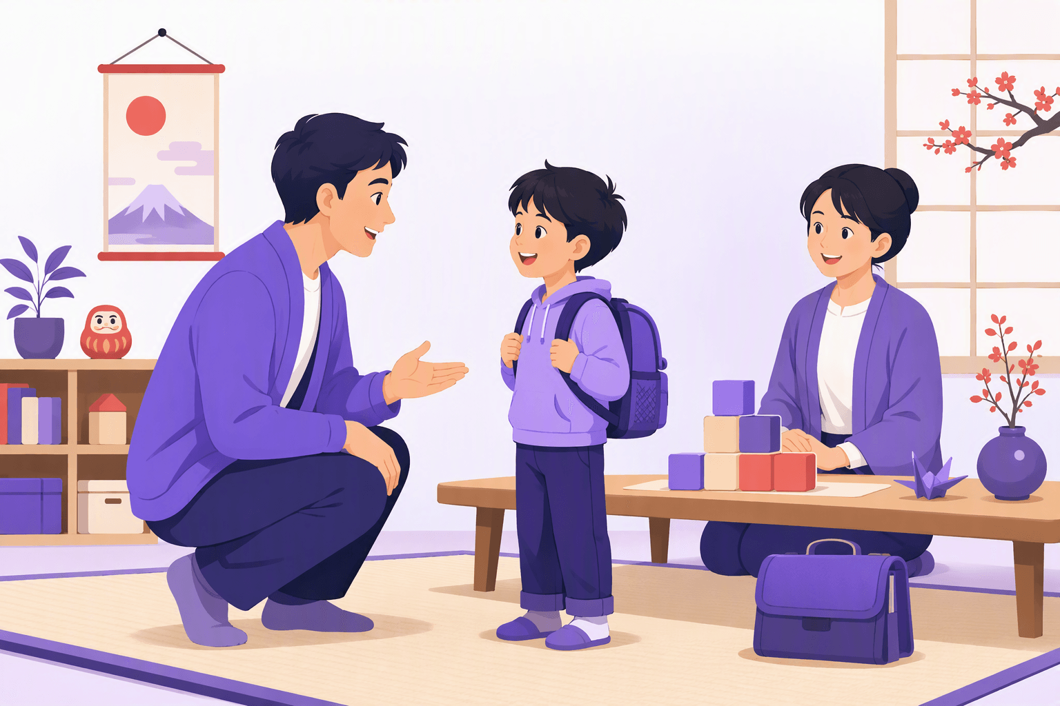 Flat-vector scene of an adult politely interacting with a child in a Japanese classroom, accompanied by a teacher, low table, schoolbag, and age-themed blocks.