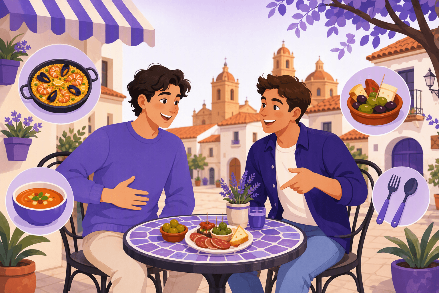 Two friends at an outdoor cafe table in a Spanish plaza, one holding their stomach to signal hunger while the other points to a plate of tapas, surrounded by icons of paella, gazpacho, olives and cutlery