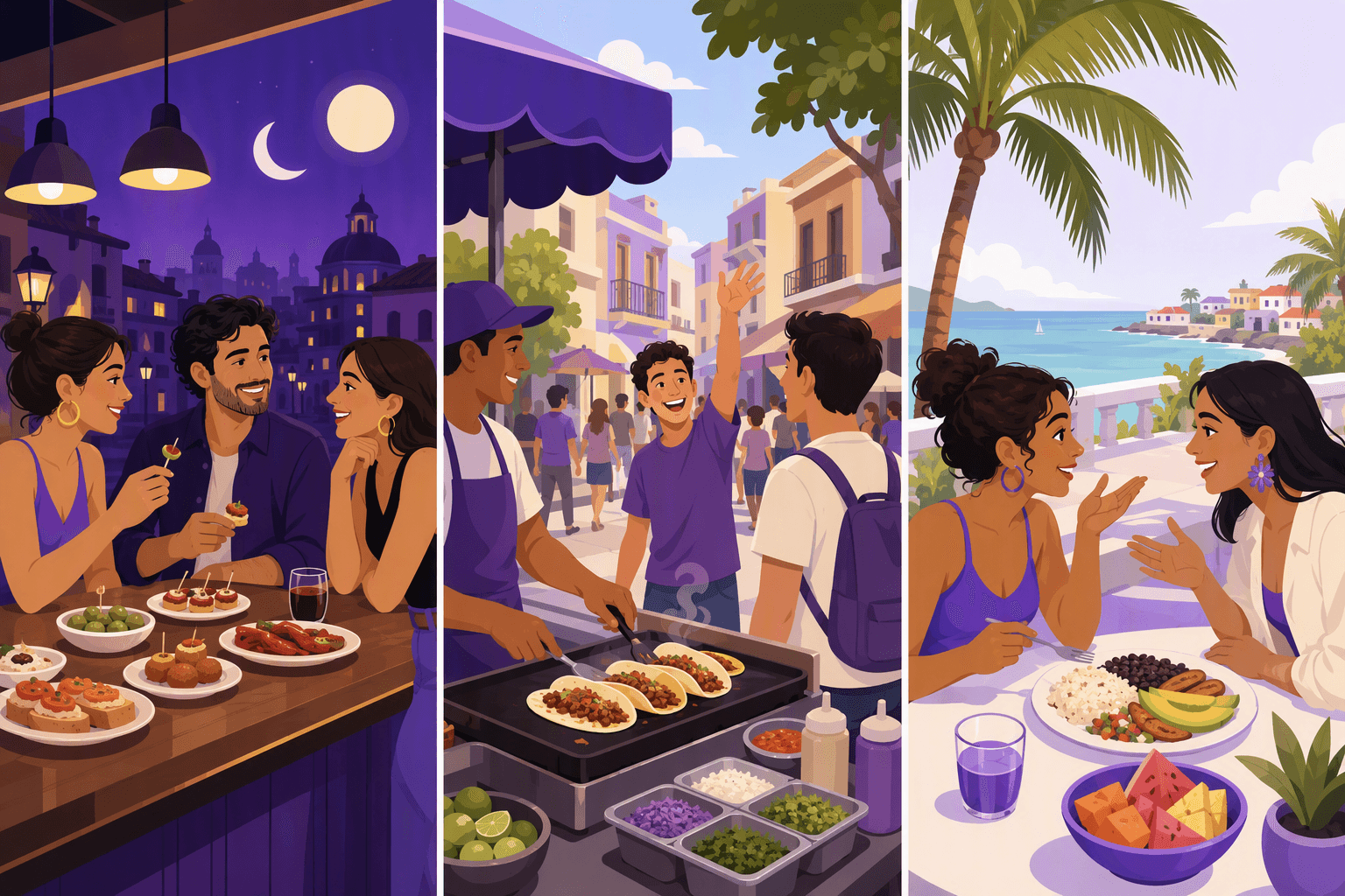Three side-by-side scenes: friends sharing tapas at a late-night bar in Spain, a street taco stand at midday in Mexico, and two people talking over rice, beans and fruit on a Caribbean terrace