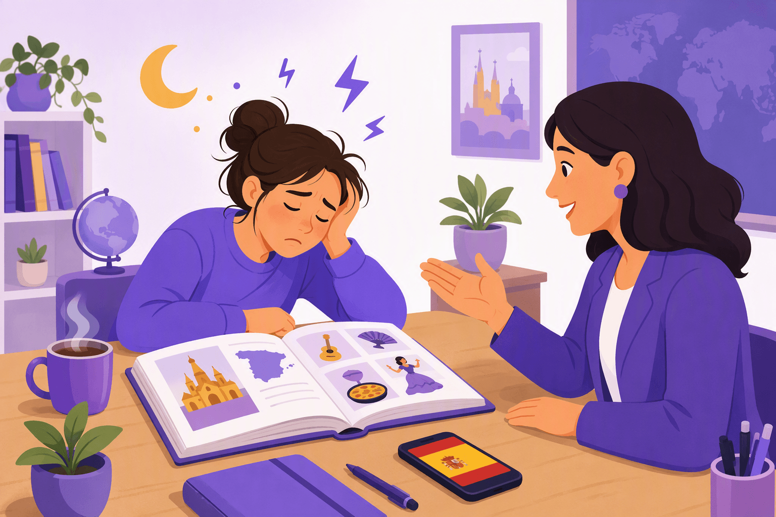 Flat-vector illustration of a tired language learner studying Spanish at a desk with an open workbook, a phone displaying a Spanish flag icon, coffee, and moon and lightning symbols.