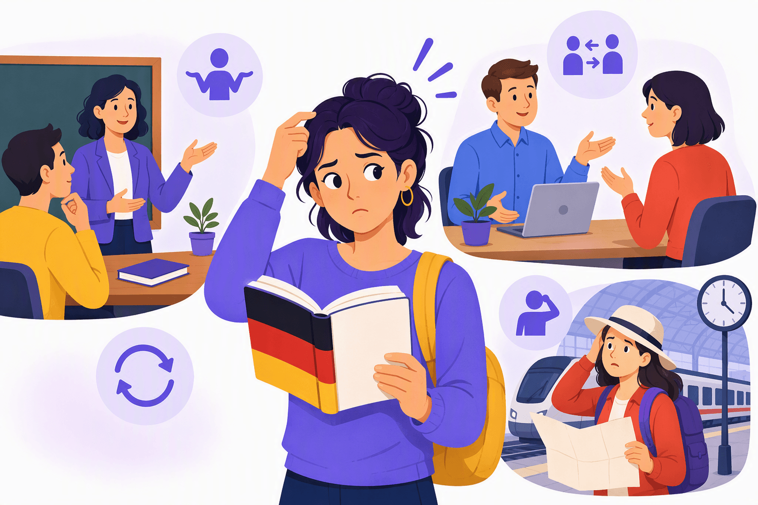 Flat-vector scene showing a puzzled language learner with a blank phrasebook alongside a classroom teacher, workplace colleague, and traveler at a train station, using gestures and simple icons to represent asking for clarification in German.