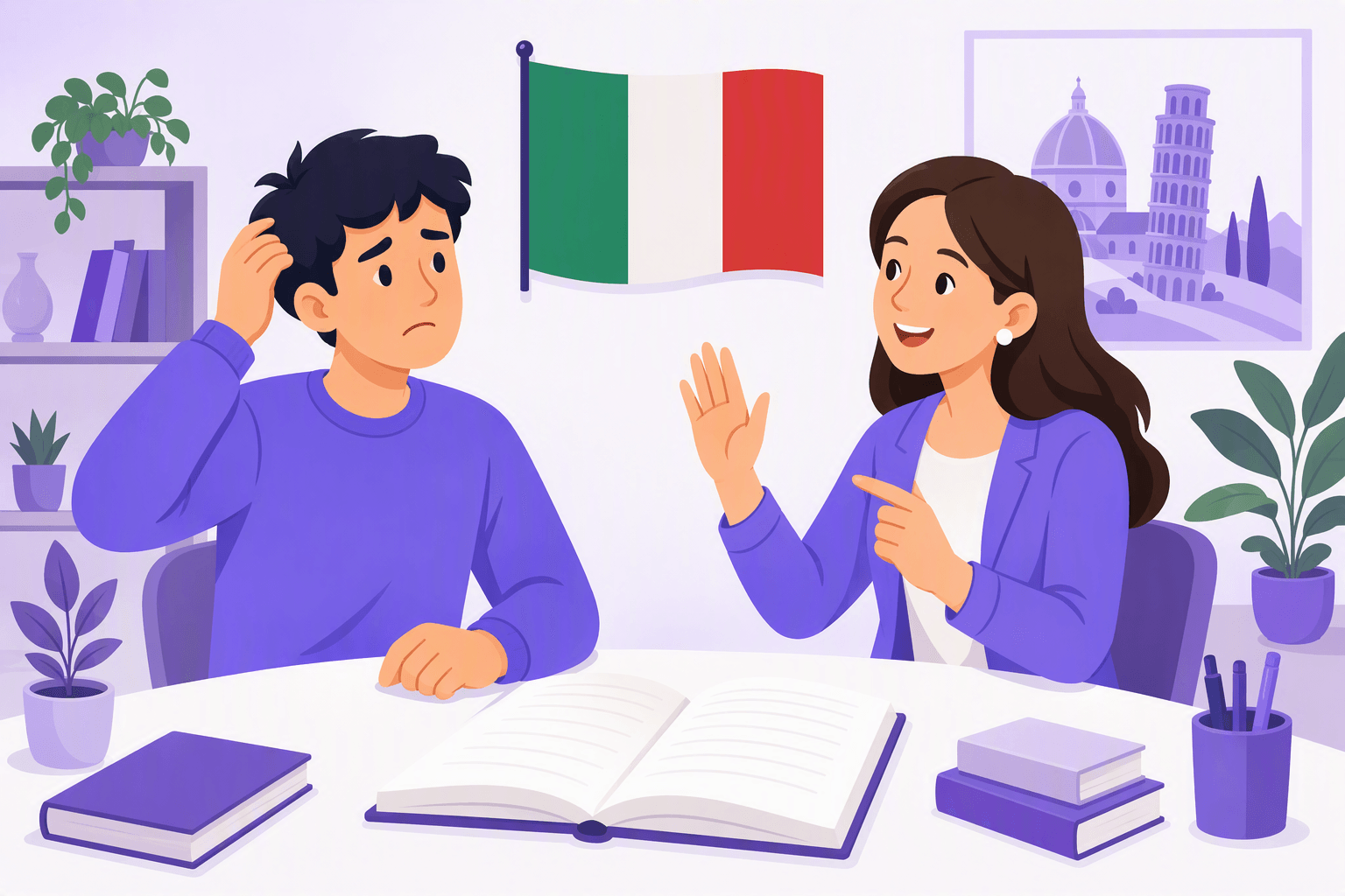 Flat-vector illustration of a confused learner asking an Italian tutor for clarification in a classroom beside an Italian flag and an open blank notebook.