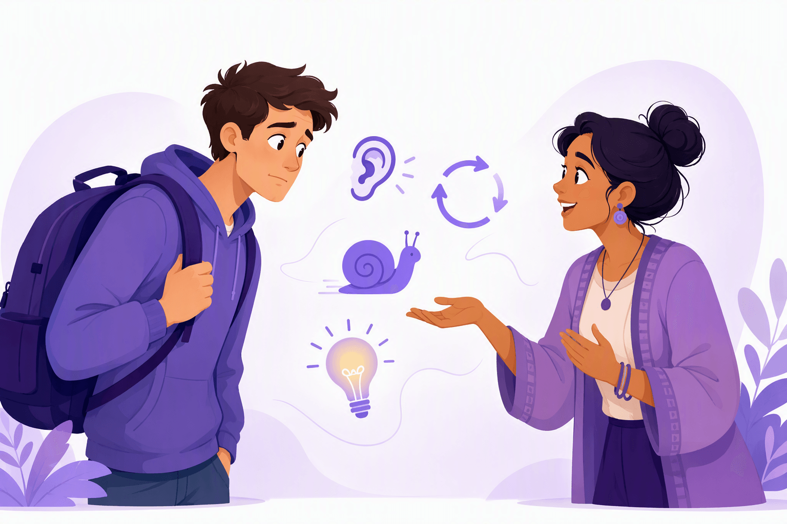 A puzzled traveler with a backpack facing a friendly local who explains with an open-handed gesture, surrounded by icons for listening, repeating, slowing down and finally understanding