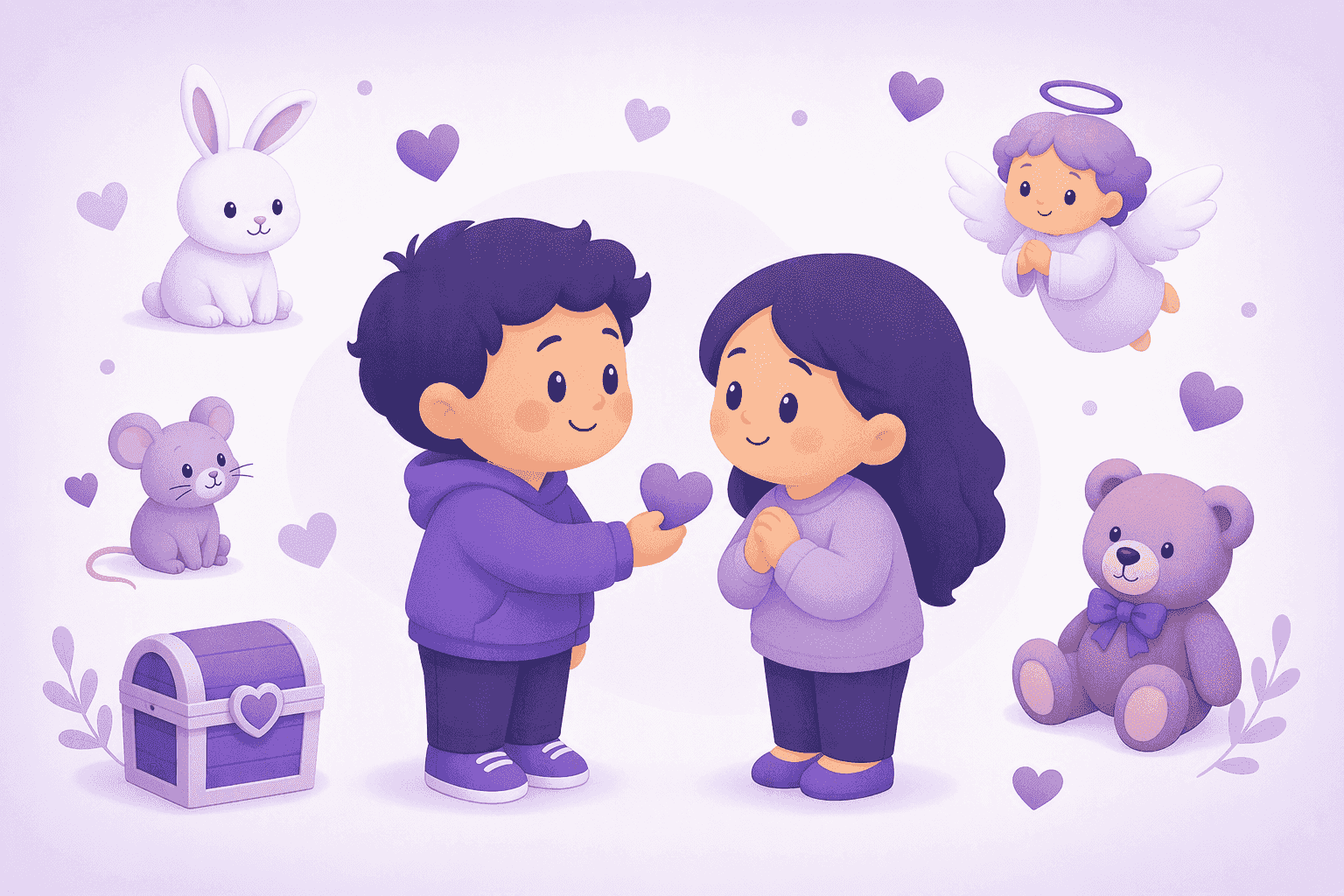 Two friendly characters exchanging a heart, surrounded by icons of German pet names: a bunny, a mouse, a teddy bear, an angel and a treasure chest
