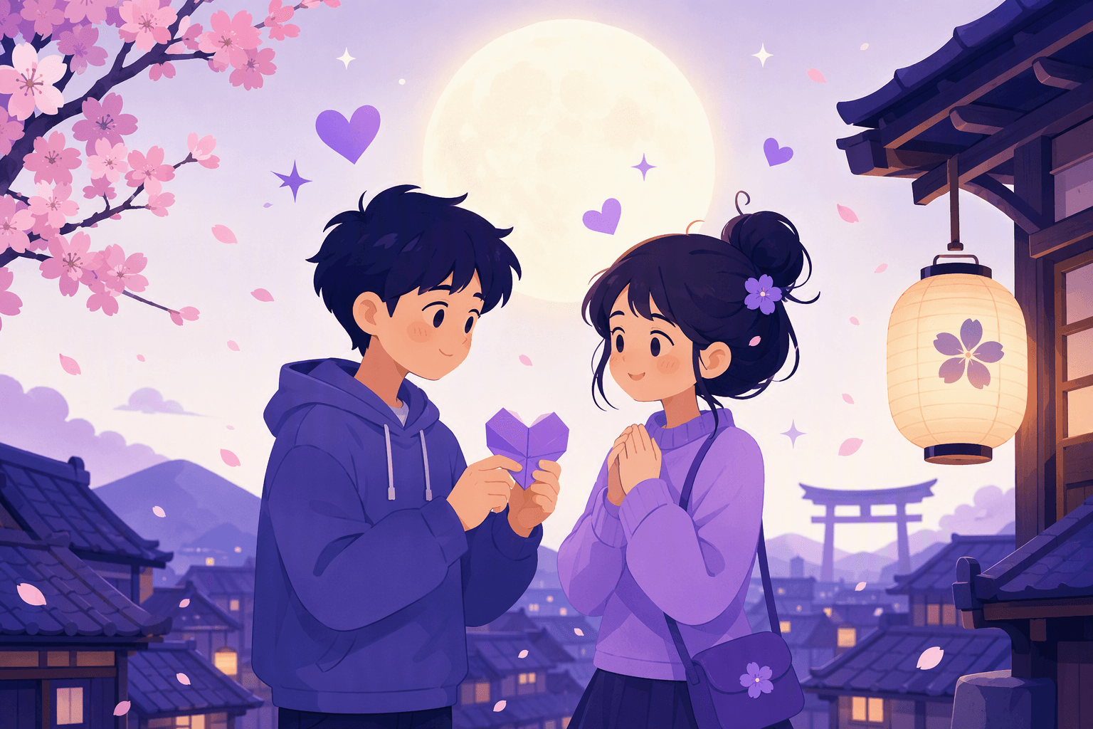 Two young people facing each other on a moonlit Japanese street, one offering a folded paper heart, with cherry blossom petals and a paper lantern