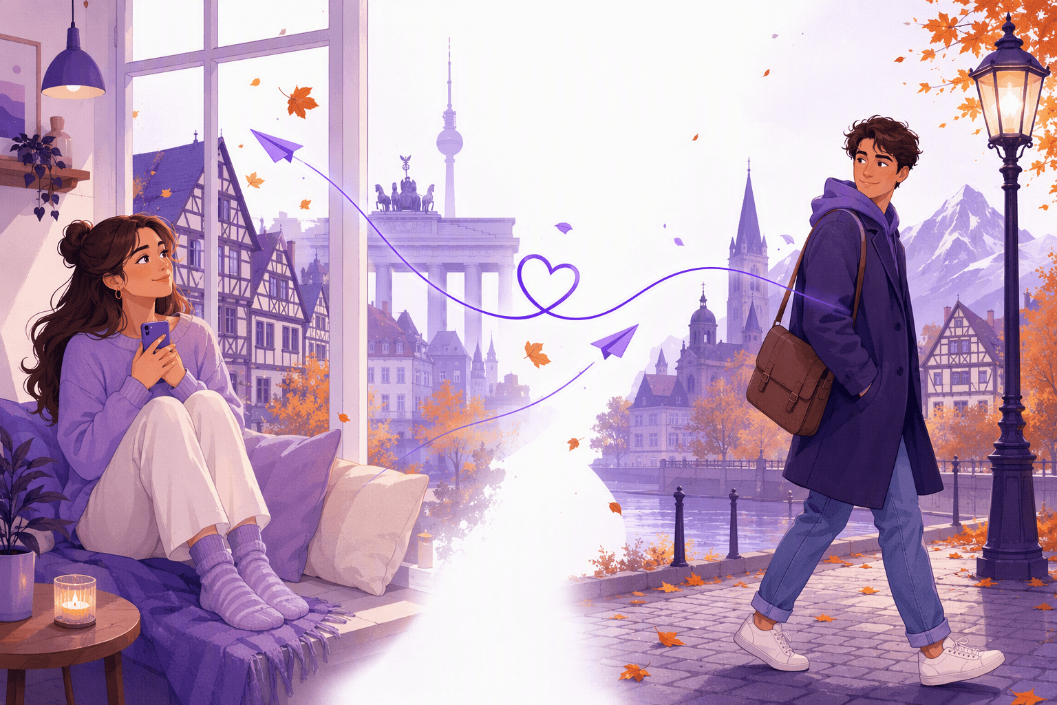 A woman by a window in a German city holds her phone while a man walks away under a lamppost, connected by a purple ribbon with a heart