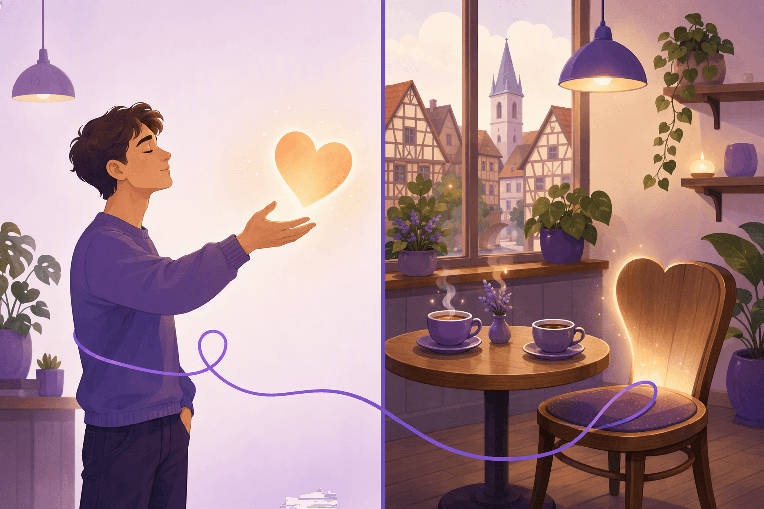 Diptych in a German cafe: a man reaching toward a glowing heart on one side, a glowing empty heart-backed chair beside two untouched cups on the other