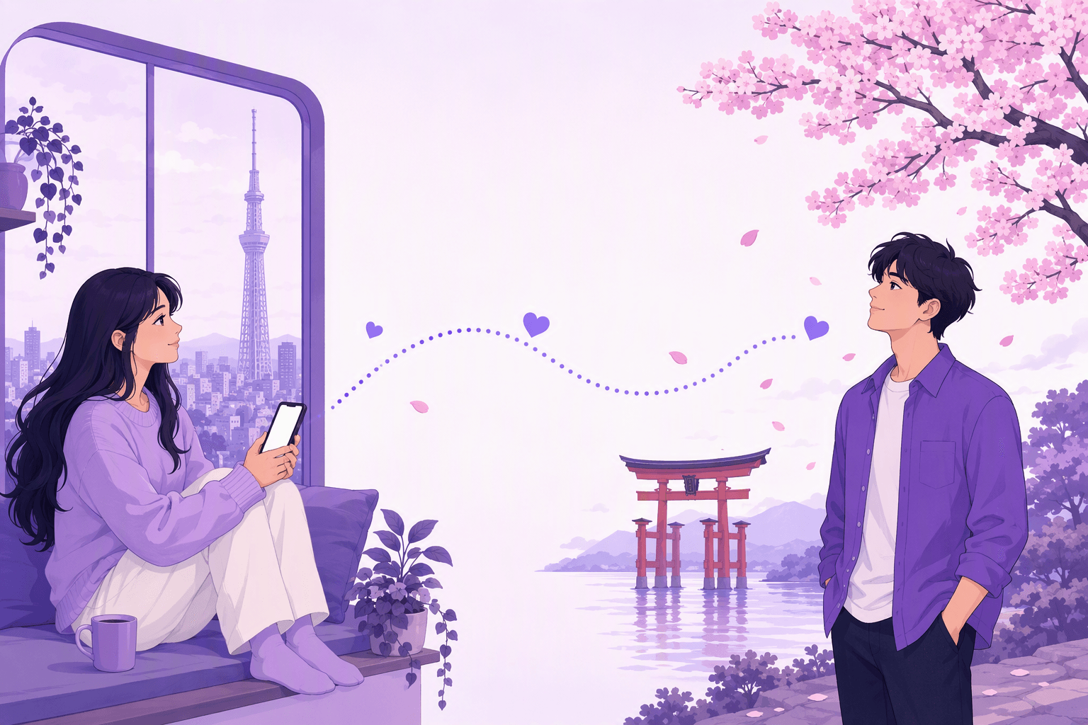 Two people separated by distance thinking of each other, one texting by a city window and one waiting under cherry blossoms beside a torii gate
