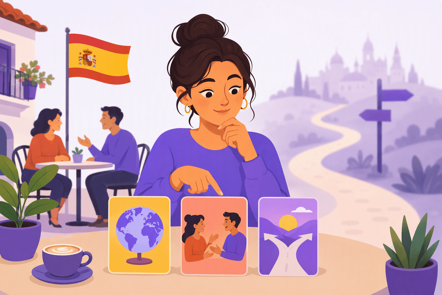 Flat-vector illustration of a language learner comparing three colorful language cards symbolized by a globe, a conversational pair, and a branching path, beside a Spain flag in a café with an uncertain route in the background.