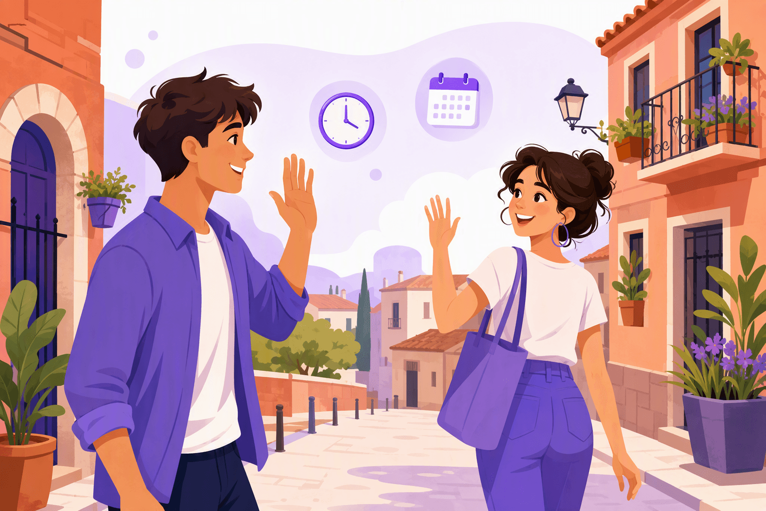 Two friends waving goodbye to each other on a sunny Spanish street, with a clock and a calendar floating nearby as symbols of meeting again later