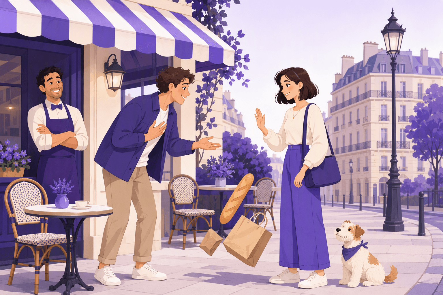 A man apologizes on a Paris cafe terrace after bumping into a woman carrying a baguette, while she waves it off with a friendly smile