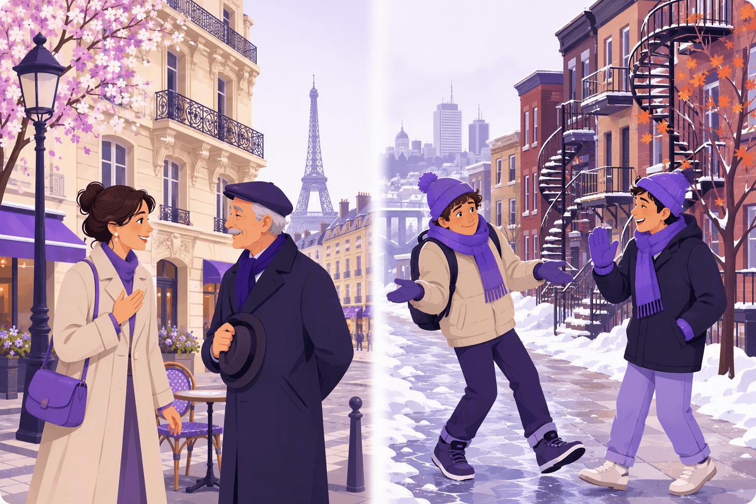 Split illustration: a courteous apology on a spring Paris street on the left, a casual apology between friends on a snowy Montreal street on the right