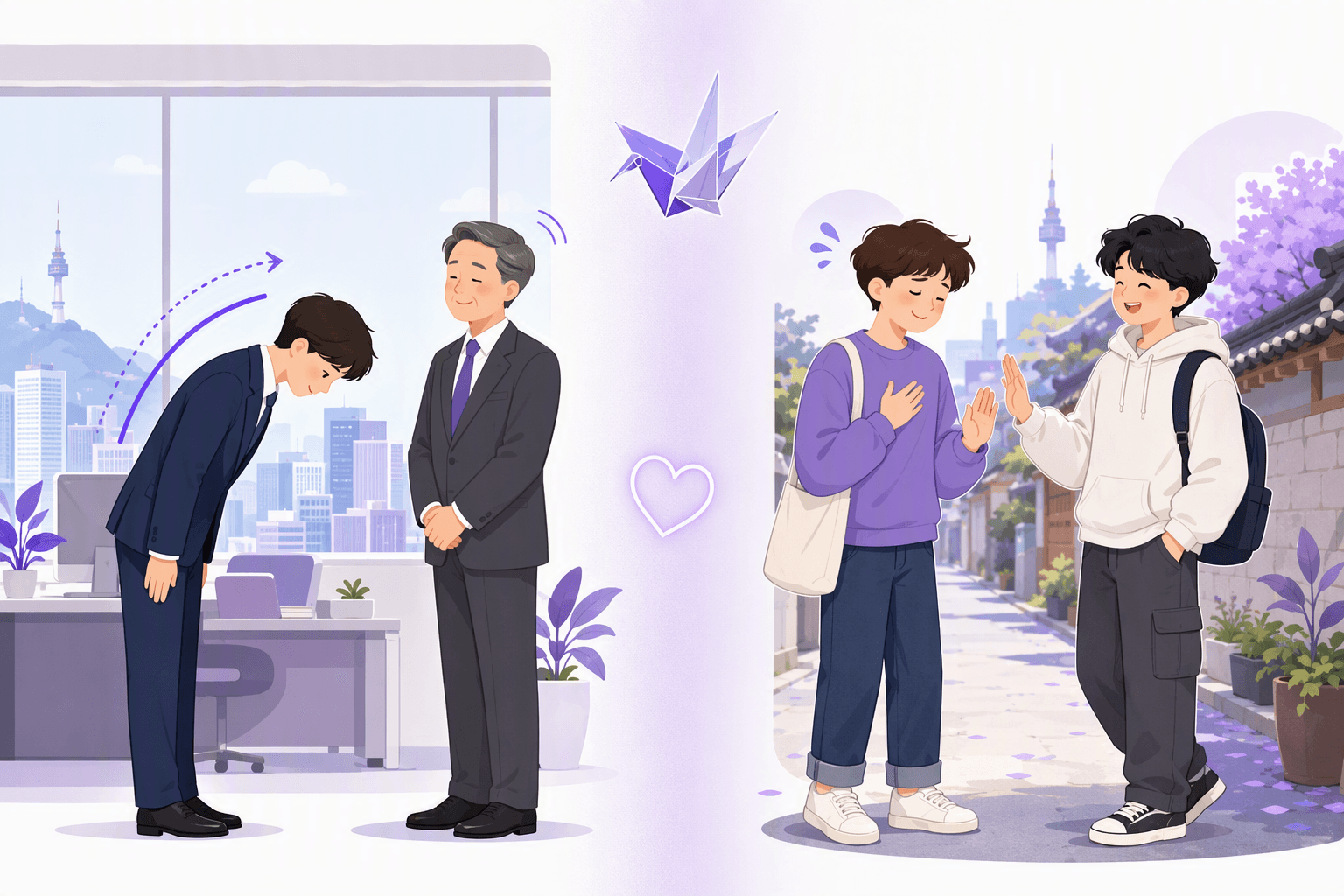 A junior employee bowing in apology to a senior colleague in a Seoul office, beside two friends exchanging a casual apology on a street