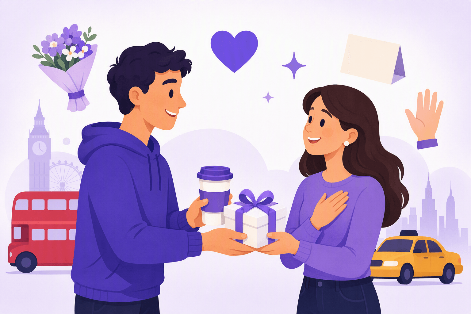 Two people exchanging a gift and a coffee cup with a hand on the heart, surrounded by gratitude symbols and British and American city motifs