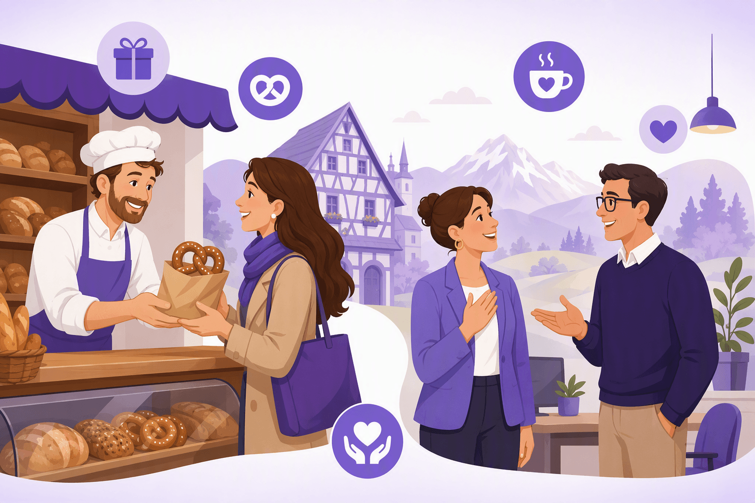 A baker handing a pretzel to a grateful customer and two colleagues exchanging thanks in a German office, with a half-timbered house and alpine hills in the background