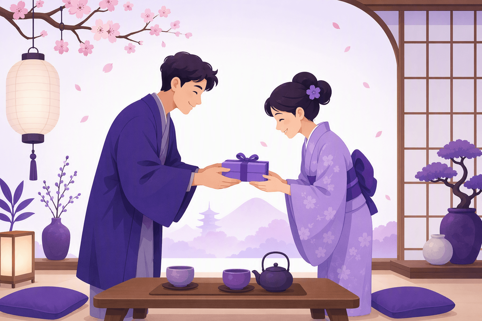 Two people bowing to each other as one hands over a wrapped gift with both hands, in a tatami room with tea cups and cherry blossoms