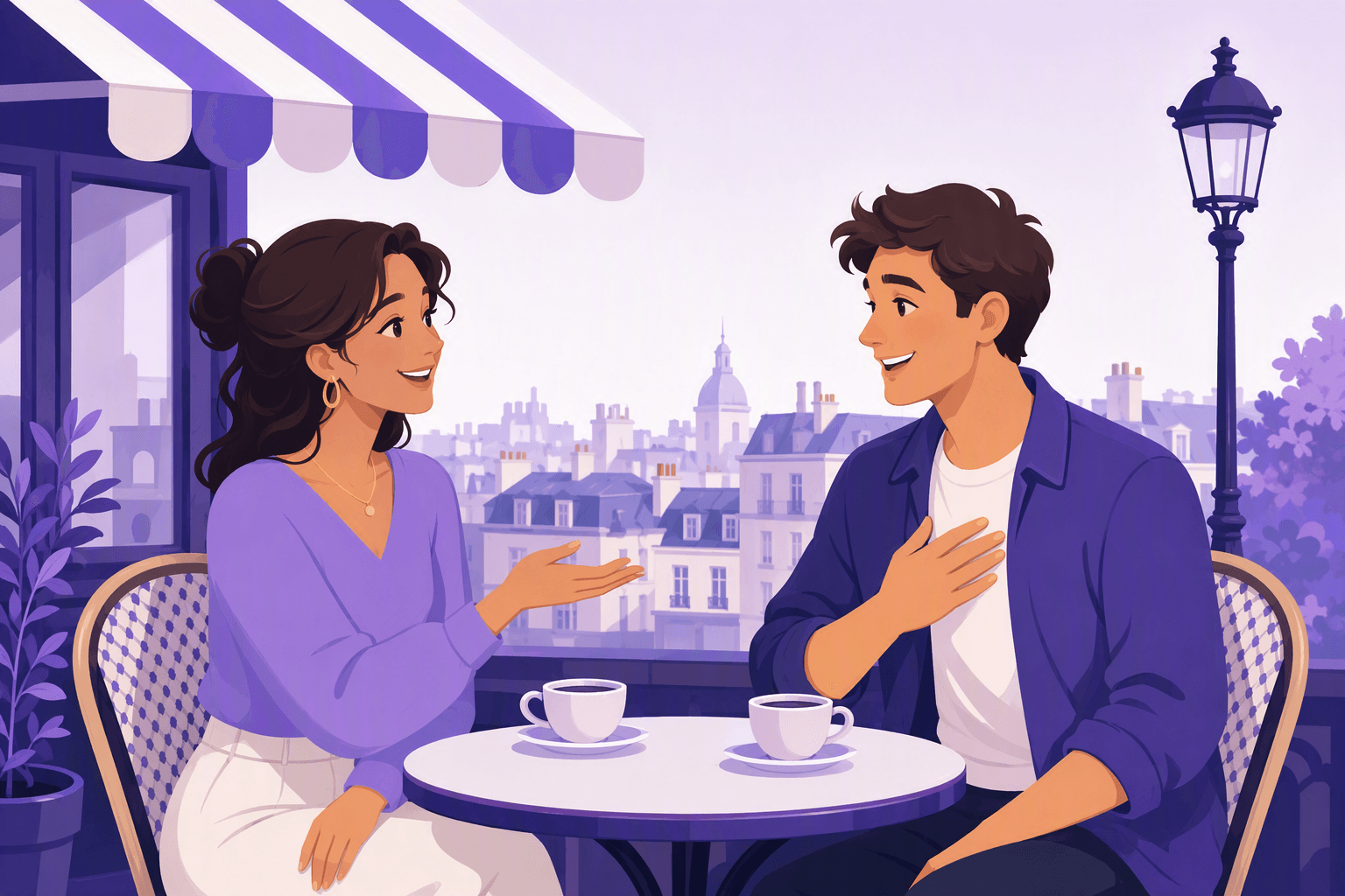 Two people meeting on a Paris cafe terrace, one gesturing to ask the other's name while the other touches their chest to introduce themselves