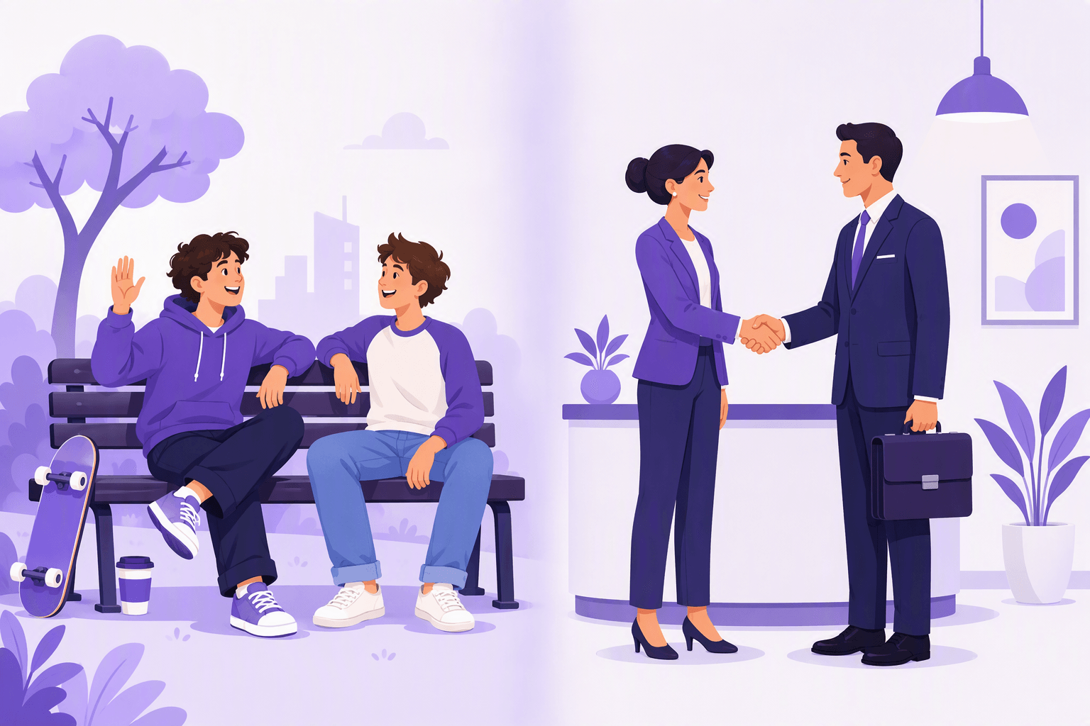 A split illustration contrasting two German registers: on the left relaxed friends chatting on a park bench, on the right two people in business attire shaking hands at a reception desk