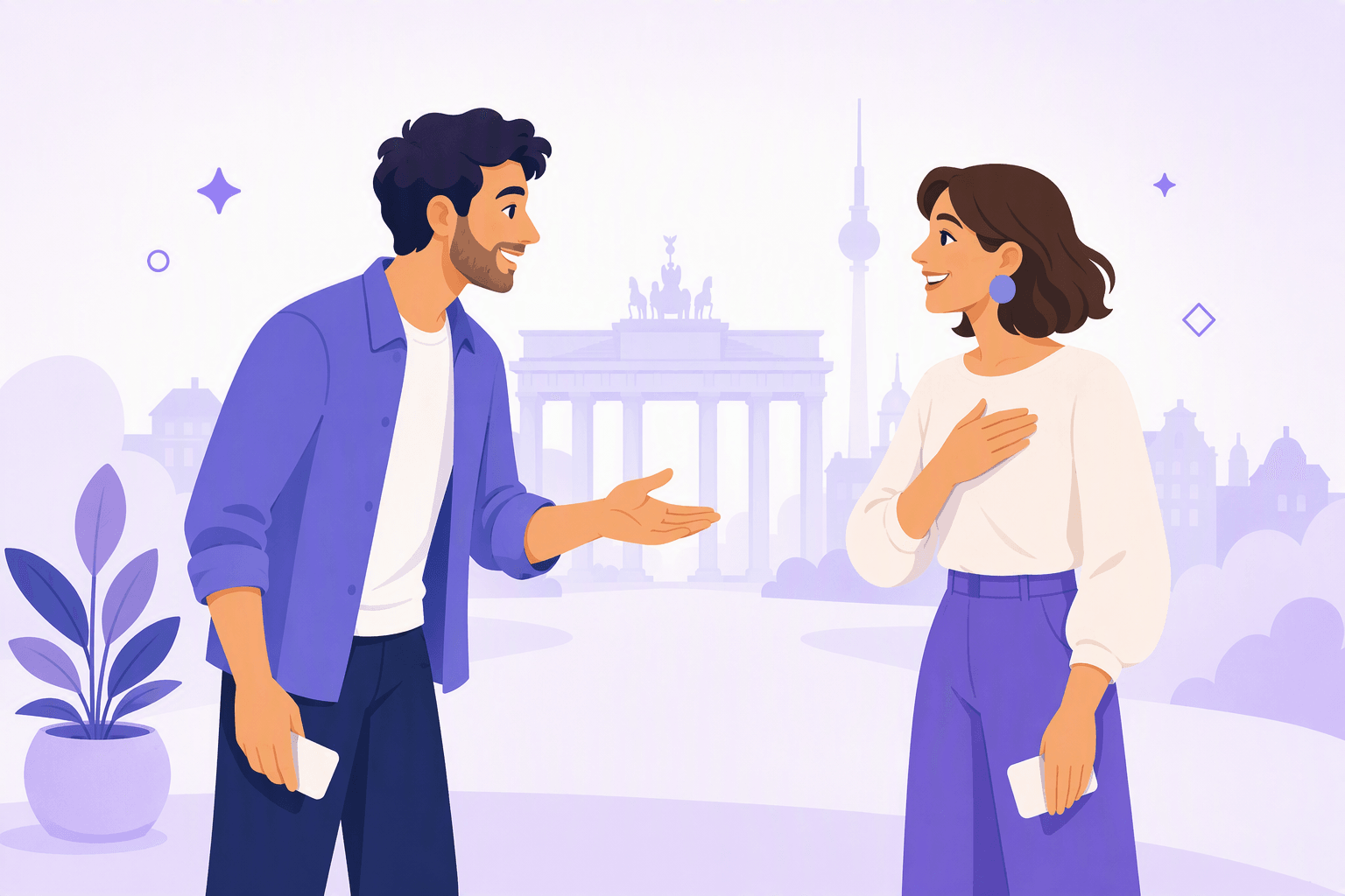 Two people meeting for the first time in Germany, one asking with an open hand gesture and the other introducing themselves with a hand on their chest, with a Berlin skyline behind them