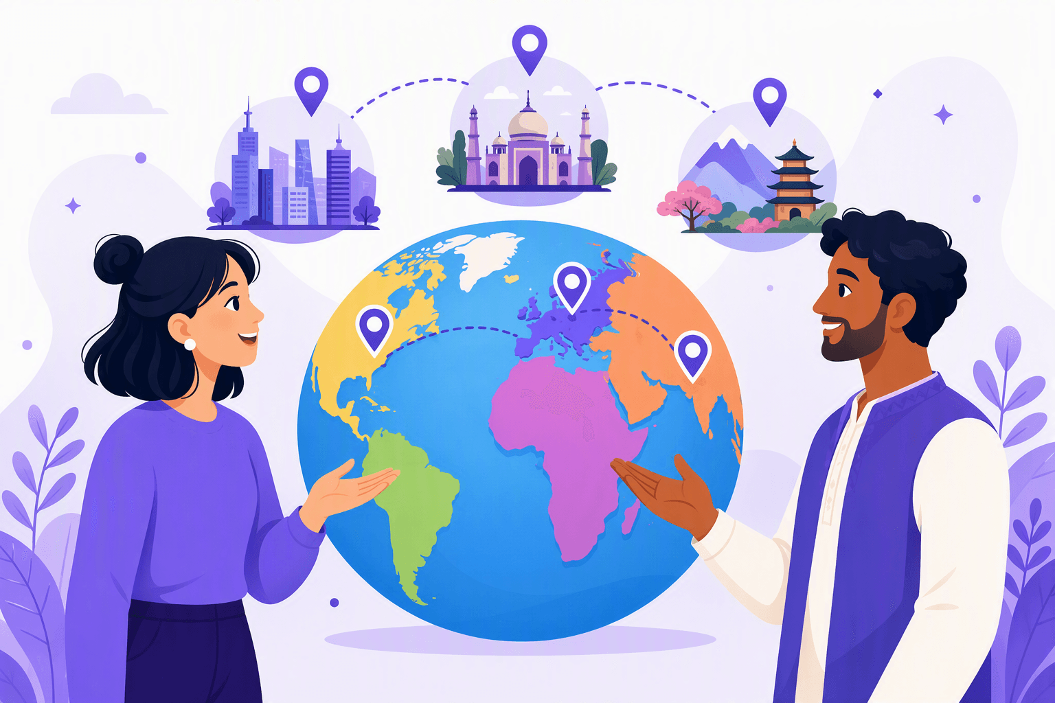 Two diverse people greet each other beside a colorful globe with landmark icons, location pins, and connections representing cities, regions, and countries.