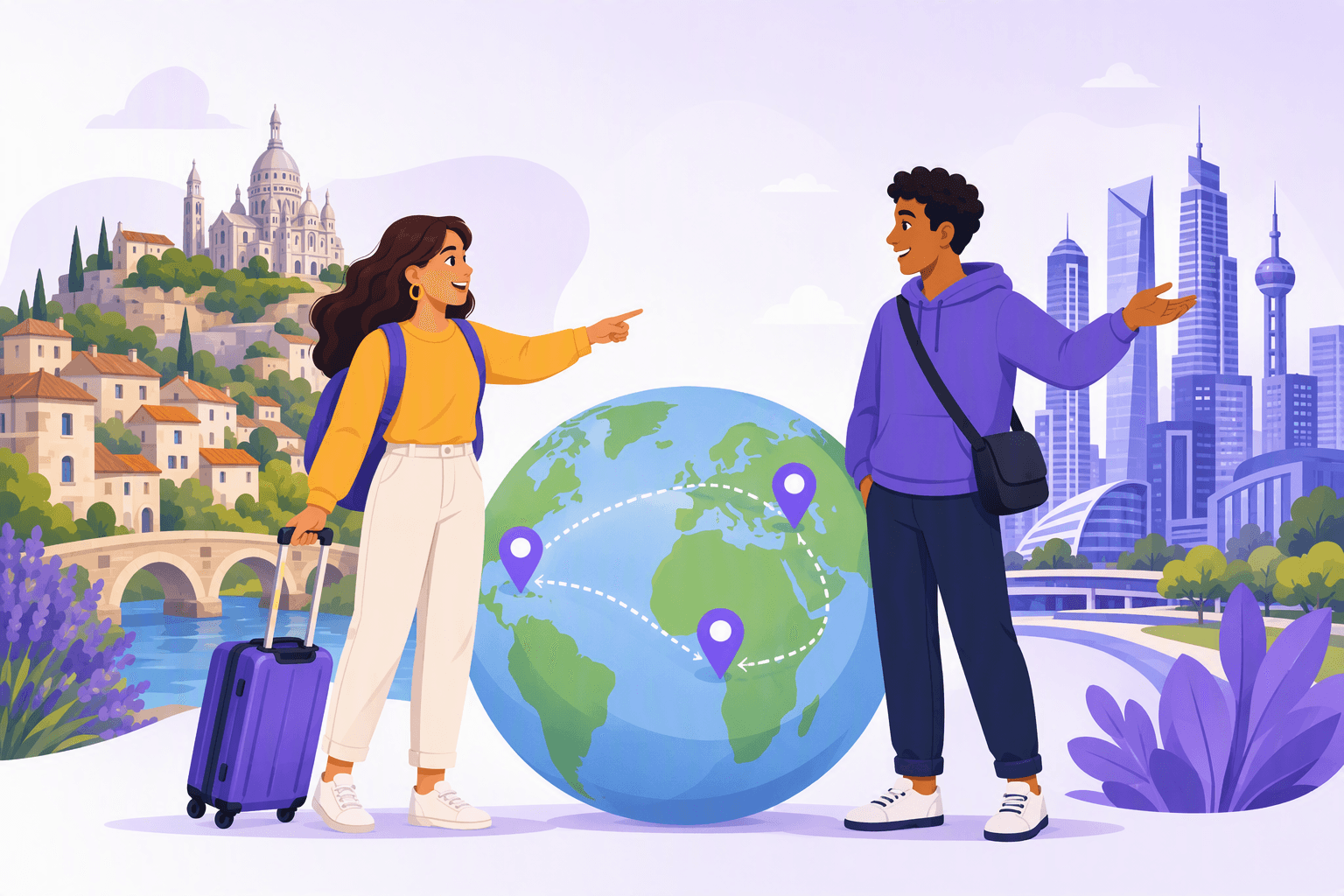 Flat-vector illustration of two people discussing origins beside a globe and map pins, contrasting a distant French village with a current city home through a suitcase and directional gestures.