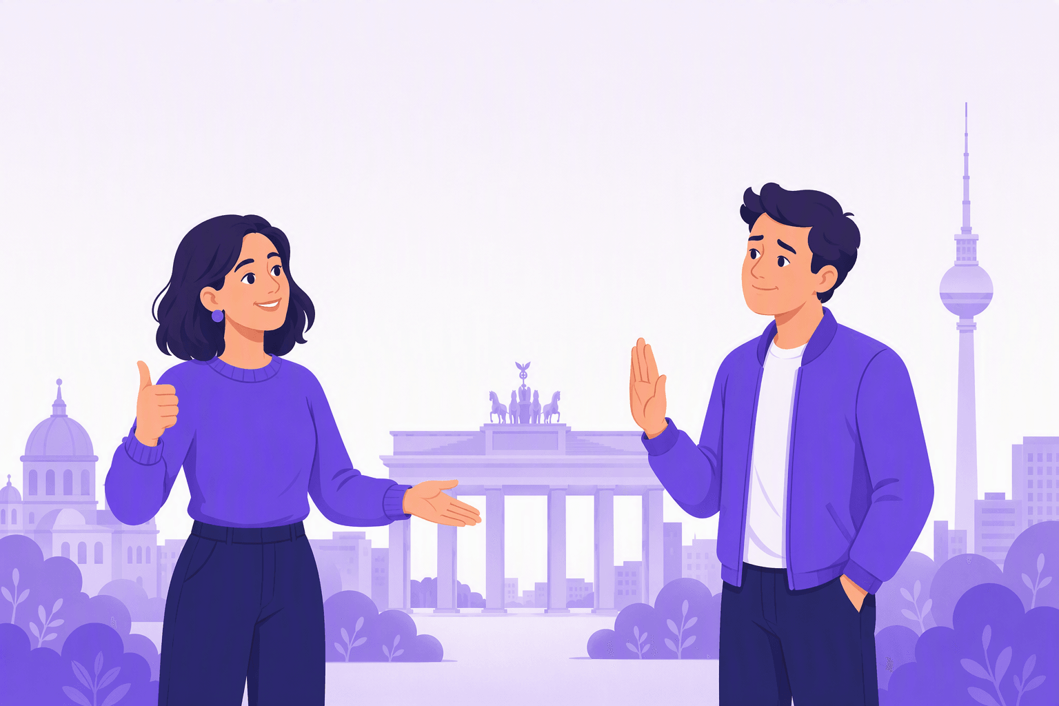 Two people in conversation in front of the Brandenburg Gate and the Berlin TV tower, one giving a thumbs-up in agreement while the other raises a palm in refusal