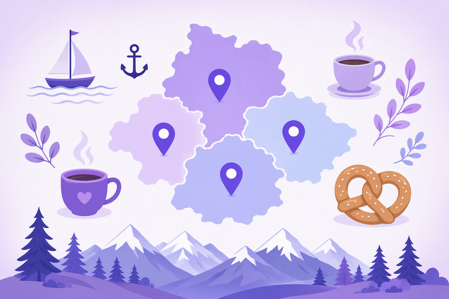 Stylized map of the German-speaking region with location pins and regional icons for the Alps, coffee houses, pretzels and the northern coast