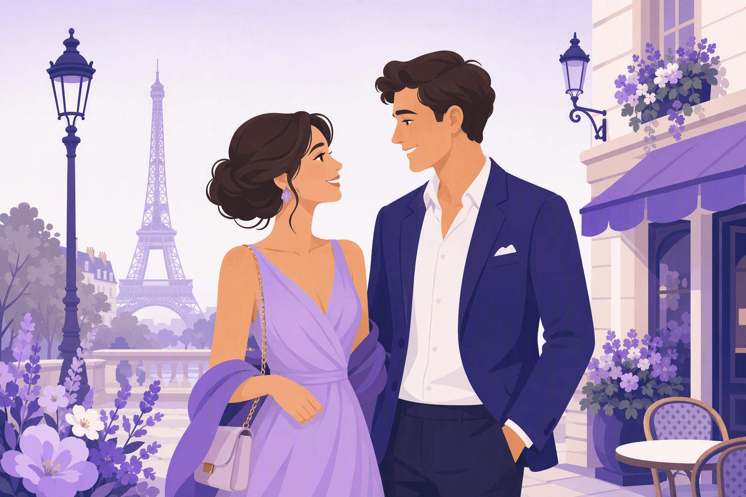 A flat-vector illustration shows a smiling woman and man complimenting each other on a Parisian street with the Eiffel Tower and flowers in the background.