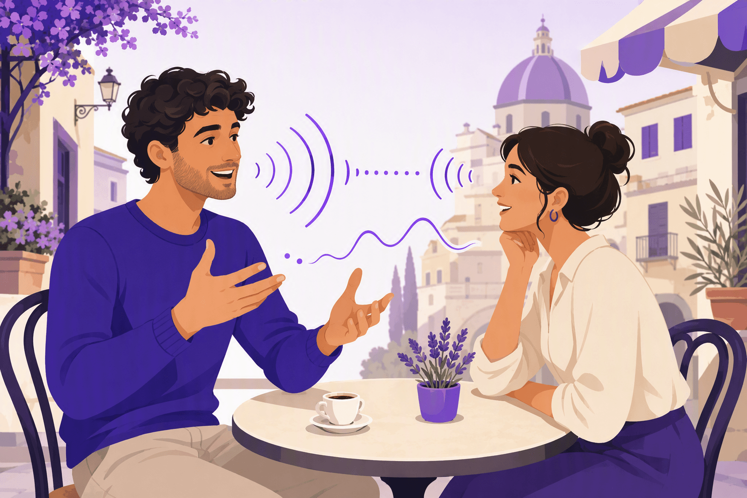 Flat-vector illustration of a confident Italian speaker gesturing to a listener at a café, surrounded by rounded sound waves, paired pulses, evenly spaced rhythm dots, and rising and falling melody lines, with an espresso cup and Italian street backdrop.